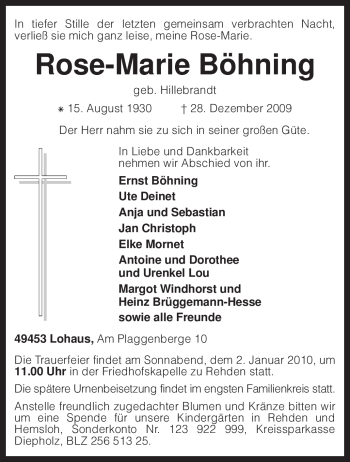 Traueranzeige von Rose-Marie Böhning von KREISZEITUNG SYKE