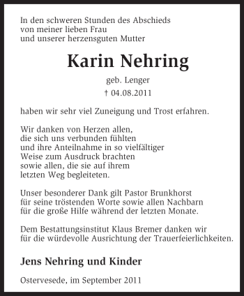 Traueranzeige von Karin Nehring von KREISZEITUNG SYKE