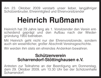 Traueranzeige von Heinrich Rußmann von KREISZEITUNG SYKE