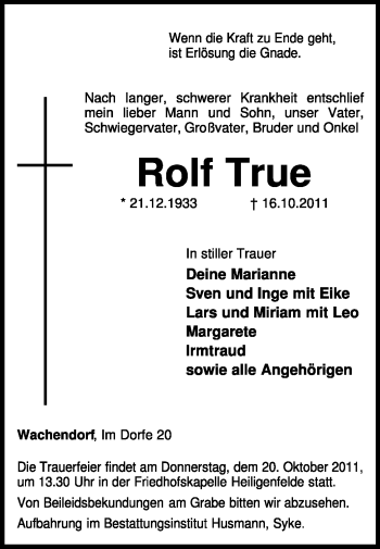 Traueranzeige von Rolf True von KREISZEITUNG SYKE