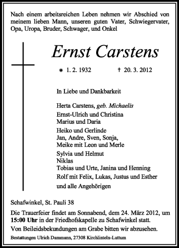 Traueranzeige von Ernst Carstens von KREISZEITUNG SYKE