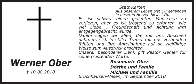  Traueranzeige für Werner Ober vom 25.09.2010 aus KREISZEITUNG SYKE