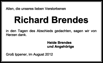 Traueranzeige von Richard Brendes von KREISZEITUNG SYKE