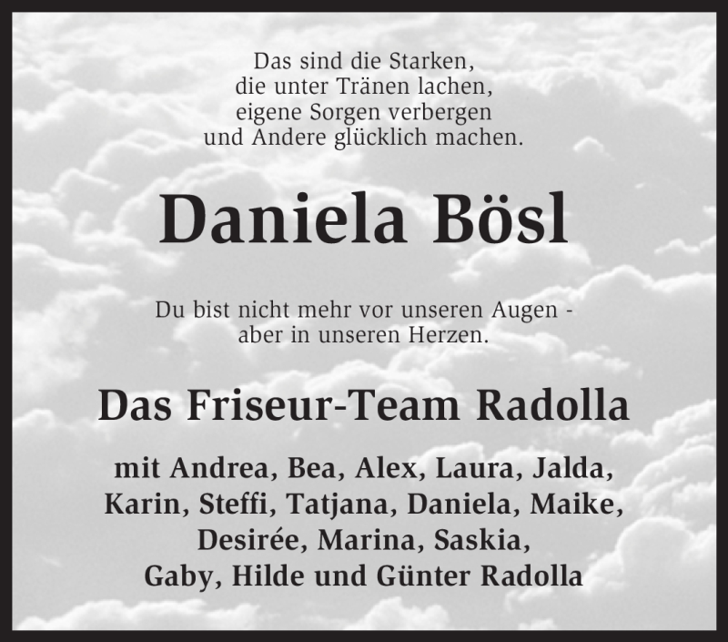  Traueranzeige für Daniela Bösl vom 21.06.2012 aus KREISZEITUNG SYKE