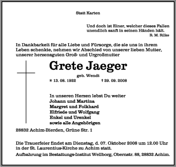 Traueranzeige von Grete Jäger von KREISZEITUNG SYKE