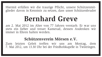 Traueranzeige von Bernhard Greve von KREISZEITUNG SYKE