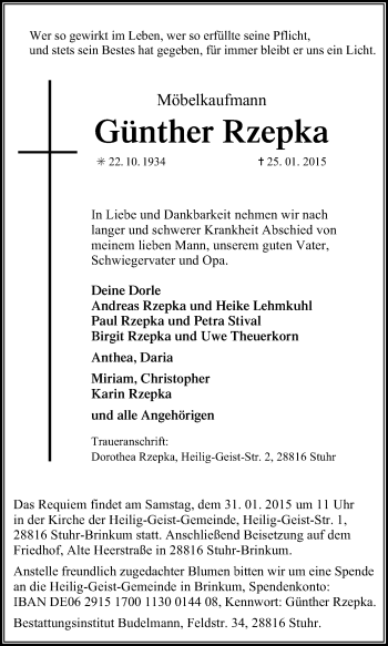 Traueranzeige von Günther Rzepka von KRZ