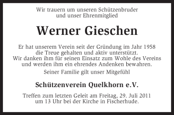 Traueranzeige von Werner Gieschen von KREISZEITUNG SYKE