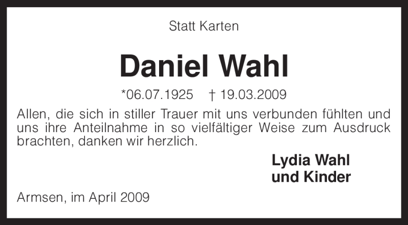  Traueranzeige für Daniel Wahl vom 18.04.2009 aus KREISZEITUNG SYKE