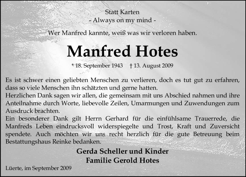  Traueranzeige für Manfred Hotes vom 19.09.2009 aus KREISZEITUNG SYKE