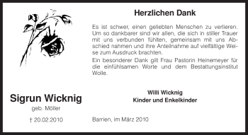 Traueranzeige von Sigrun Wicknig von KREISZEITUNG SYKE