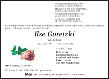 Traueranzeige von Ilse Goretzki von KRZ