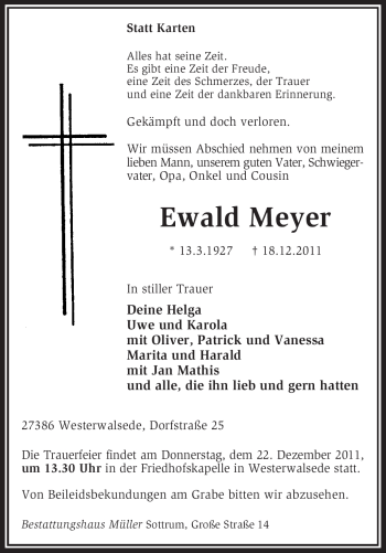 Traueranzeige von Ewald Meyer von KREISZEITUNG SYKE