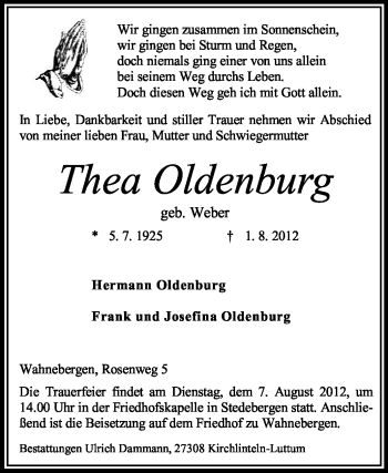 Traueranzeige von Thea Oldenburg von KREISZEITUNG SYKE