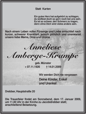 Traueranzeige von Anneliese Amberge-Krampe von KREISZEITUNG SYKE