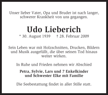 Traueranzeige von Udo Lieberich von KREISZEITUNG SYKE