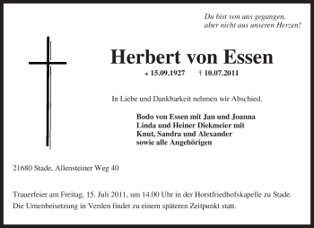 Traueranzeige von Herbert von Essen von KREISZEITUNG SYKE