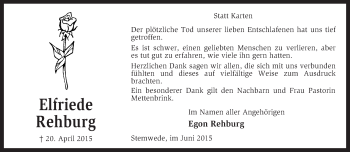 Traueranzeige von Elfriede Rehburg von KRZ