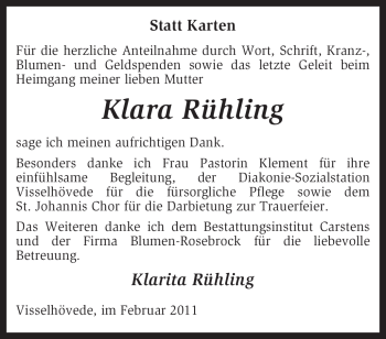 Traueranzeige von Klara Rühling von KREISZEITUNG SYKE