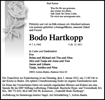 Traueranzeige von Bodo Hartkopp von KREISZEITUNG SYKE