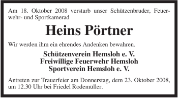 Traueranzeige von Heins Pörtner von KREISZEITUNG SYKE