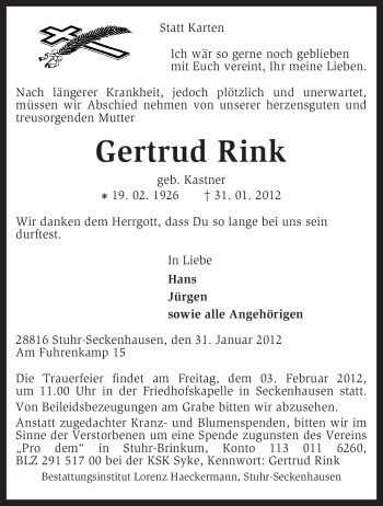 Traueranzeige von Gertrud Rink von KREISZEITUNG SYKE