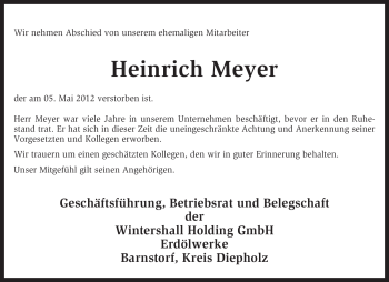 Traueranzeige von Heinrich Meyer von KREISZEITUNG SYKE