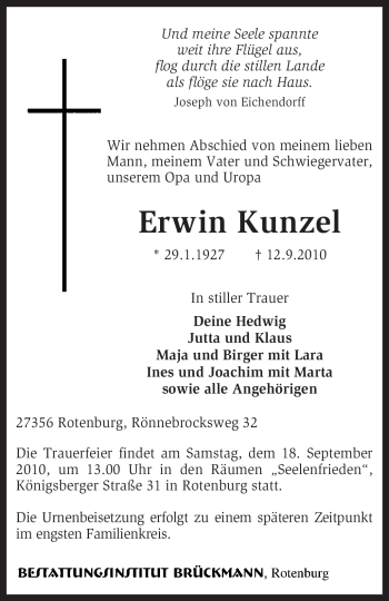 Traueranzeige von Erwin Kunzel von KREISZEITUNG SYKE