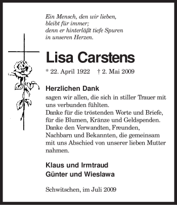 Traueranzeige von Lisa Carstens von KREISZEITUNG SYKE