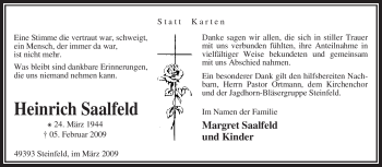 Traueranzeige von Heinrich Saalfeld von KREISZEITUNG SYKE