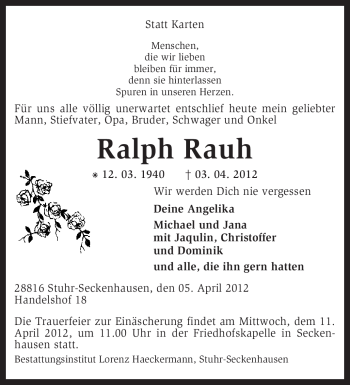 Traueranzeige von Ralph Rauh von KREISZEITUNG SYKE