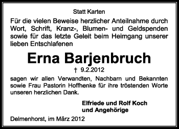 Traueranzeige von Erna Barjenbruch von KREISZEITUNG SYKE