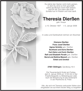 Traueranzeige von Theresia Dierßen von KREISZEITUNG SYKE