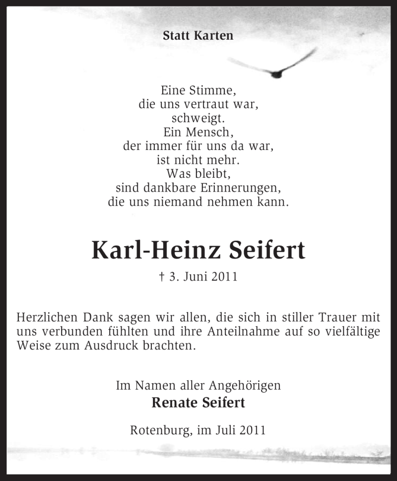  Traueranzeige für Karl-Heinz Seifert vom 09.07.2011 aus KREISZEITUNG SYKE