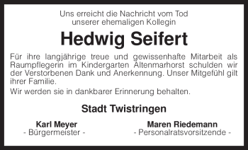 Traueranzeige von Hedwig Seifert von KREISZEITUNG SYKE