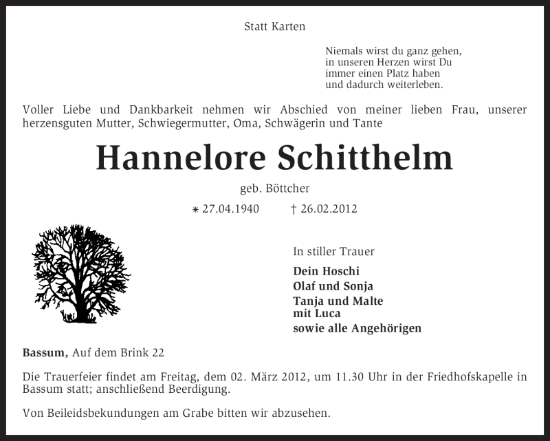  Traueranzeige für Hannelore Schitthelm vom 29.02.2012 aus KREISZEITUNG SYKE