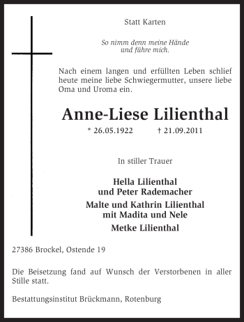 Traueranzeige von Anne-Liese Lilienthal von KREISZEITUNG SYKE