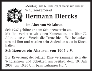 Traueranzeige von Hermann Diercks von KREISZEITUNG SYKE