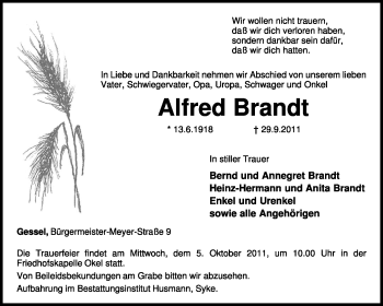 Traueranzeige von Alfred Brandt von KREISZEITUNG SYKE