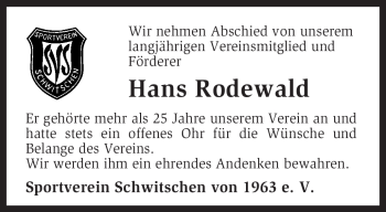 Traueranzeige von Hans Rodewald von KREISZEITUNG SYKE