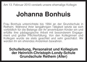 Traueranzeige von Johanna Bonhuis von KREISZEITUNG SYKE