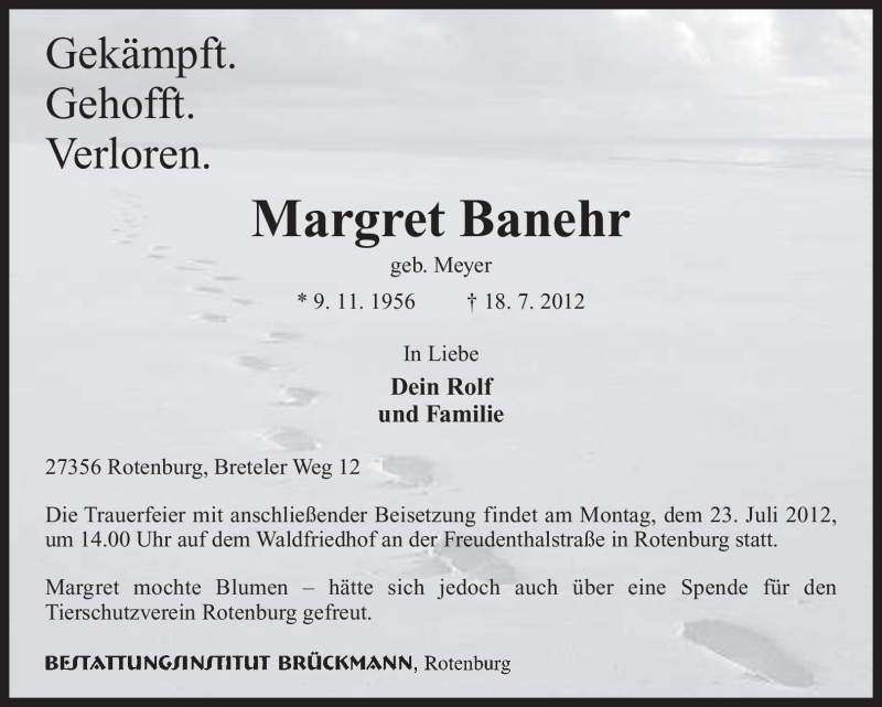  Traueranzeige für Margret Banehr vom 20.07.2012 aus KREISZEITUNG SYKE