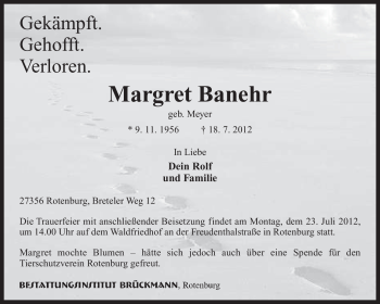 Traueranzeige von Margret Banehr von KREISZEITUNG SYKE