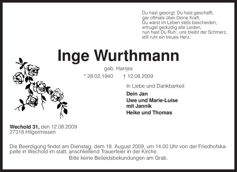  Traueranzeige für Inge Wurthmann vom 14.08.2009 aus KREISZEITUNG SYKE
