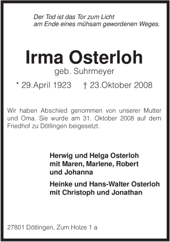 Traueranzeige von Irma Osterloh von KREISZEITUNG SYKE