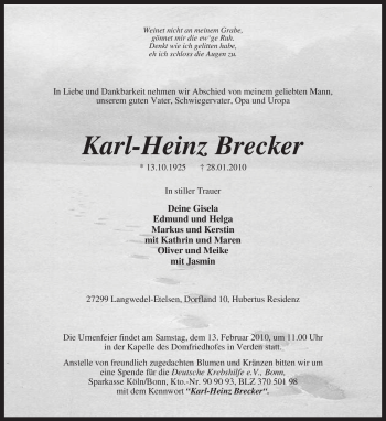 Traueranzeige von Karl-Heinz Brecker von KREISZEITUNG SYKE