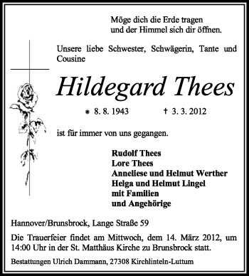 Traueranzeige von Hildegard Thees von KREISZEITUNG SYKE