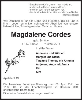 Traueranzeige von Magdalene Cordes von KREISZEITUNG SYKE