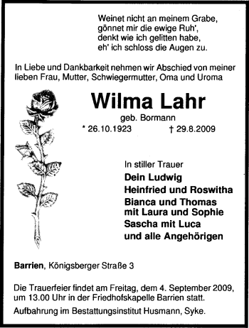 Traueranzeige von Wilma Lahr von KREISZEITUNG SYKE