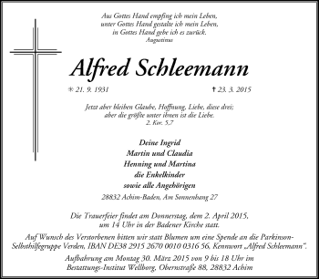 Traueranzeige von Alfred Schleemann von KRZ